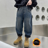 男童一体加绒加厚牛仔裤子秋冬款新款冬季大儿童冬装男孩休闲，童装裤子，摩比熊