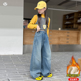 女童加绒弯刀裤年秋冬新款中大儿童拼接牛仔裤阔腿裤皮标长裤，童装裤子，摩比熊