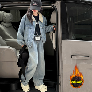 女童牛仔套装加绒加厚秋冬新款儿童冬装洋气大童秋冬两件套潮，童装休闲套装，摩比熊