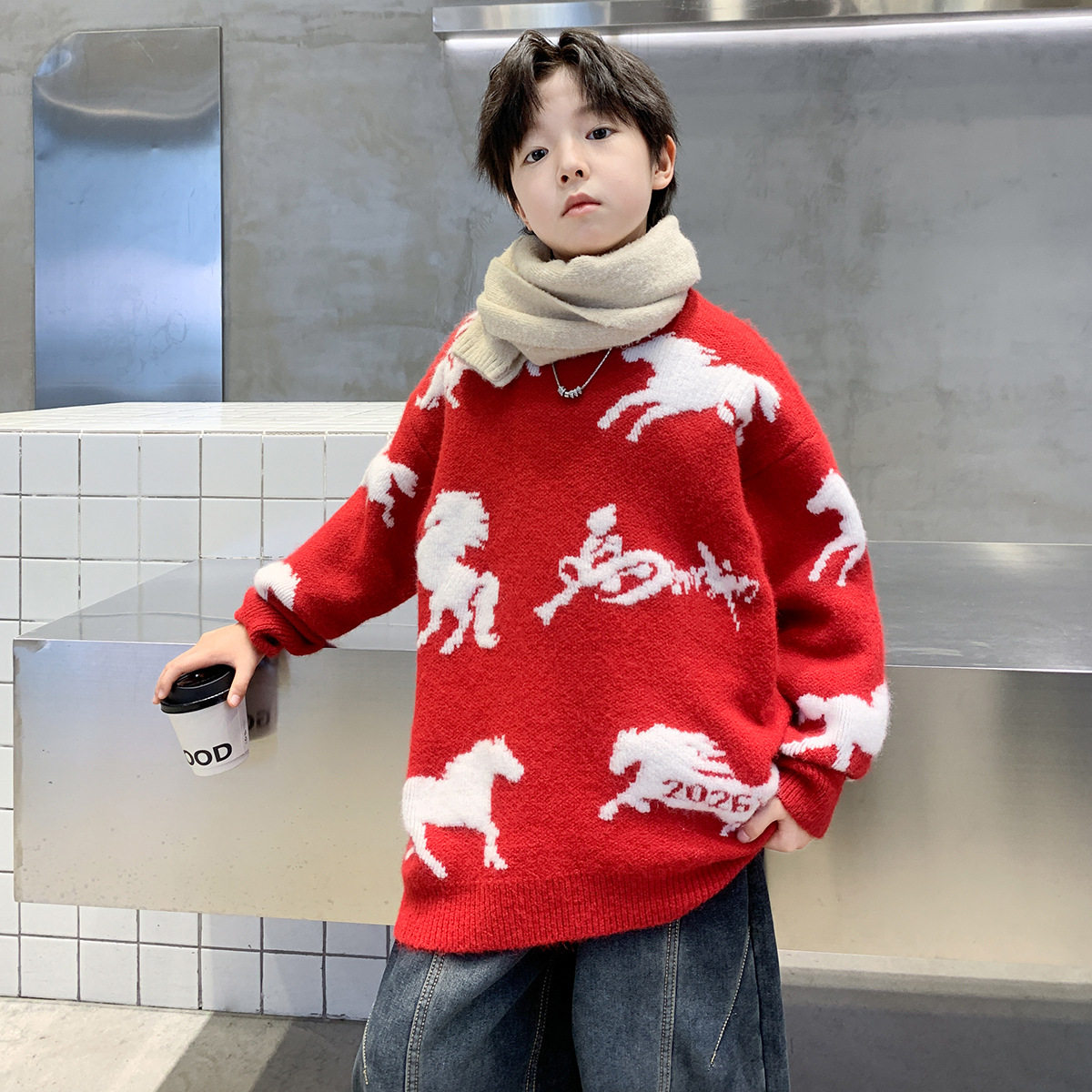男童秋冬款毛衣加厚新款中大童冬装儿童冬季红色毛线打底上衣，童装毛衣，摩比熊