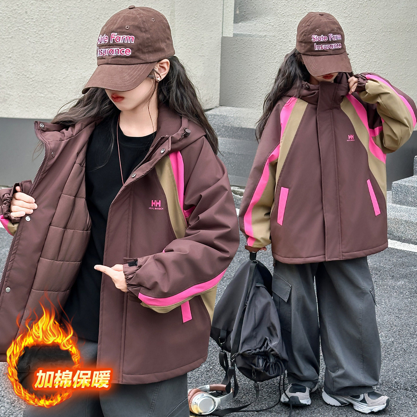 女童韩版休闲宽松拼色夹棉冲锋洋气女孩运动加厚连帽外套，童装外套，摩比熊