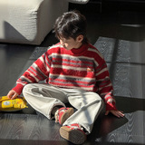 童装男童毛衣冬季新款儿童加厚条纹衣服大童秋冬撞色针织衫潮，童装毛衣，摩比熊