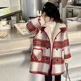 女童毛呢外套中长款秋冬款加厚加绒新款中大儿童格子呢子大衣，童装外套，摩比熊