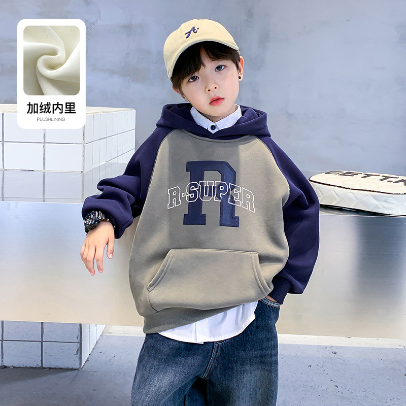 男童冬装撞色宽松连帽加绒卫衣新款儿童痞帅中大童上衣潮，童装卫衣/绒衫，摩比熊