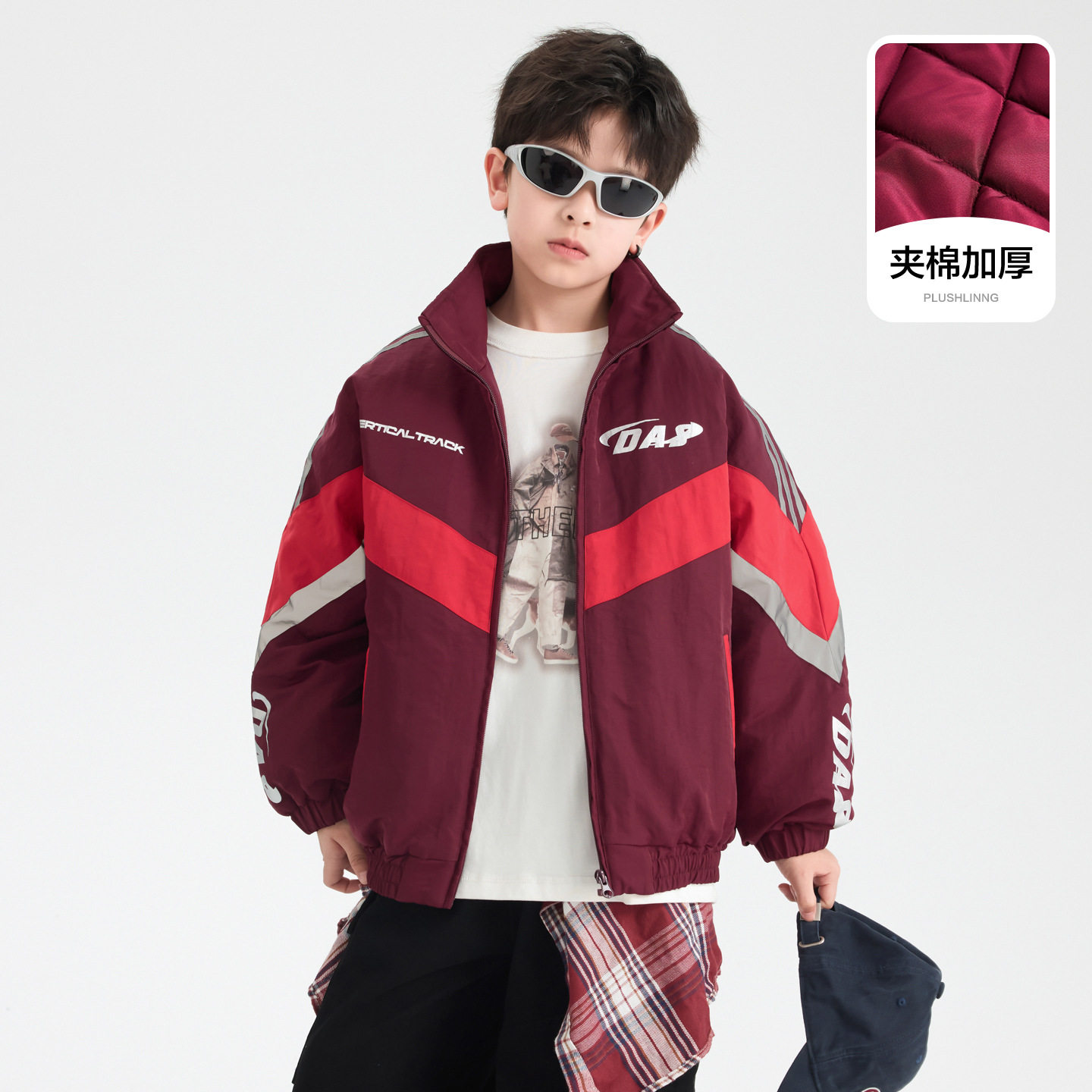 男童冬装撞色机车风防水运动反光棉服新款儿童加厚夹棉外套潮，童装棉衣，摩比熊