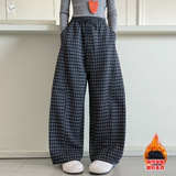 女童格子休闲弯刀裤秋冬新款加绒阔腿裤中大童保暖运动裤，童装裤子，摩比熊