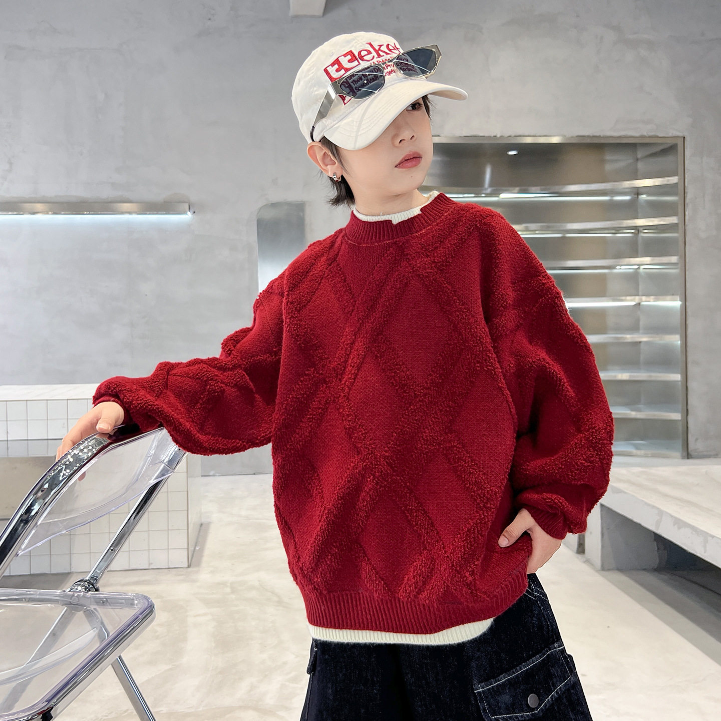 男童加厚红色毛衣冬季新款儿童中大童本命新年秋冬马年拜年服，童装毛衣，摩比熊