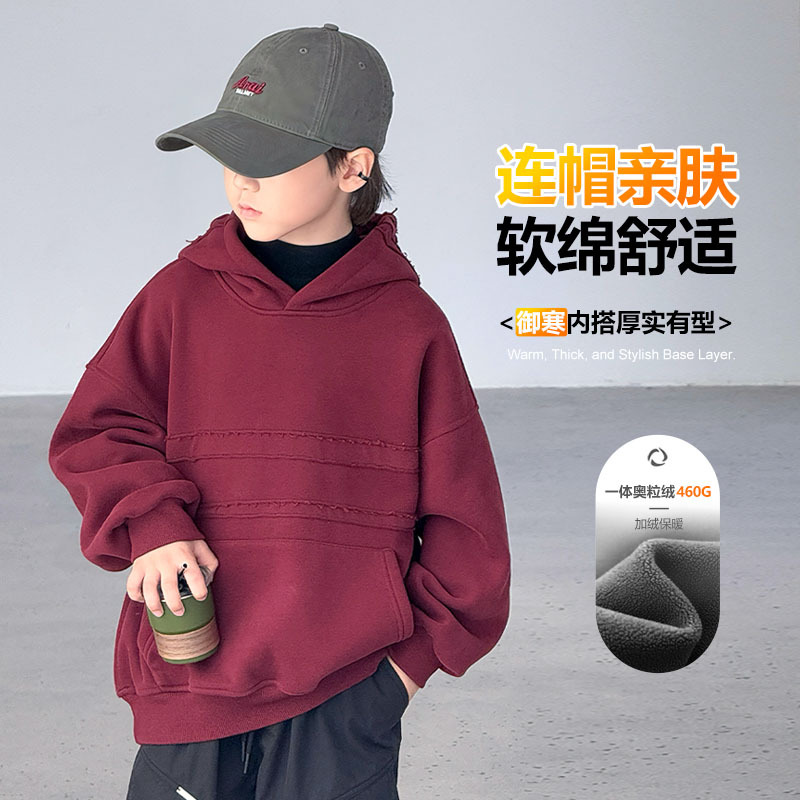 儿童装男童卫衣款新款中大童一体绒加厚加绒保暖男孩上衣，童装卫衣/绒衫，摩比熊