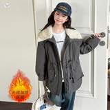 女童夹棉加厚外套冬季新款中大童大翻领派克服保暖中长夹克衫，童装外套，摩比熊