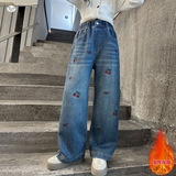 女童牛仔裤加绒年秋冬新款中大童樱桃刺绣阔腿裤休闲直筒长裤，童装裤子，摩比熊