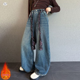 女童牛仔裤加绒加厚年秋冬新款脚口刺绣阔腿裤中大童休闲长裤，童装裤子，摩比熊