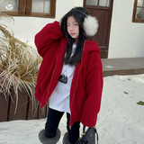 女童夹棉外套年冬季新款红色毛毛衣中大童休闲连帽棉衣圣诞风，童装外套，摩比熊