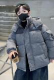 儿童装男童冬装格子连帽加绒棉服新款中大童棉袄男孩加厚棉衣，童装棉衣，摩比熊