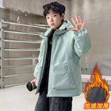 男童冬装中兔毛纯色连帽加绒棉衣大童新品冬季加厚棉服潮，童装棉衣，摩比熊
