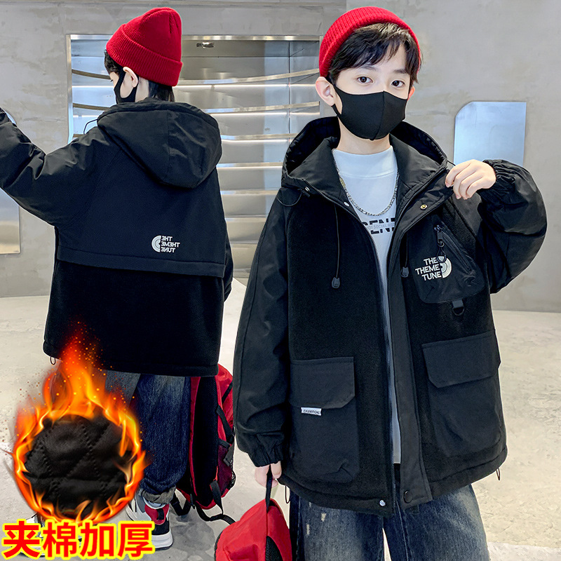 儿童装男童冬装夹棉冲锋衣连帽外套大童新款帅气拼接薄棉衣潮，童装外套，摩比熊