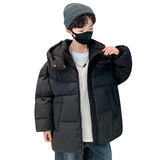 儿童装男童冬装格子深色连帽棉衣大童冬季加厚保暖棉服潮，童装棉衣，摩比熊