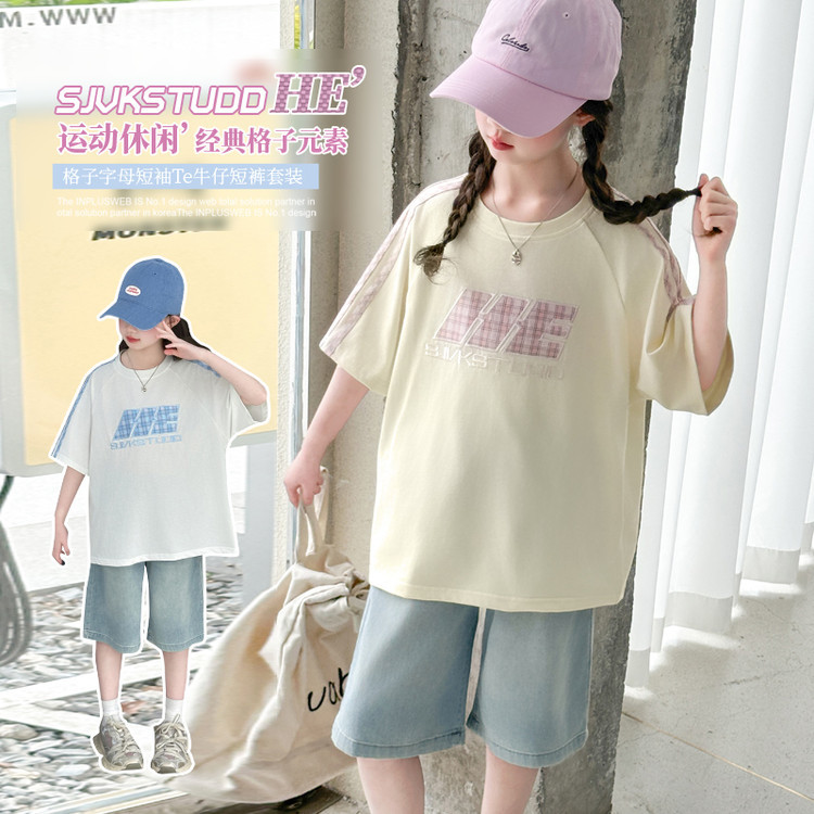 女童夏装套装新款女大童洋气短袖T恤夏季儿童牛仔短裤两件套，童装休闲套装，摩比熊
