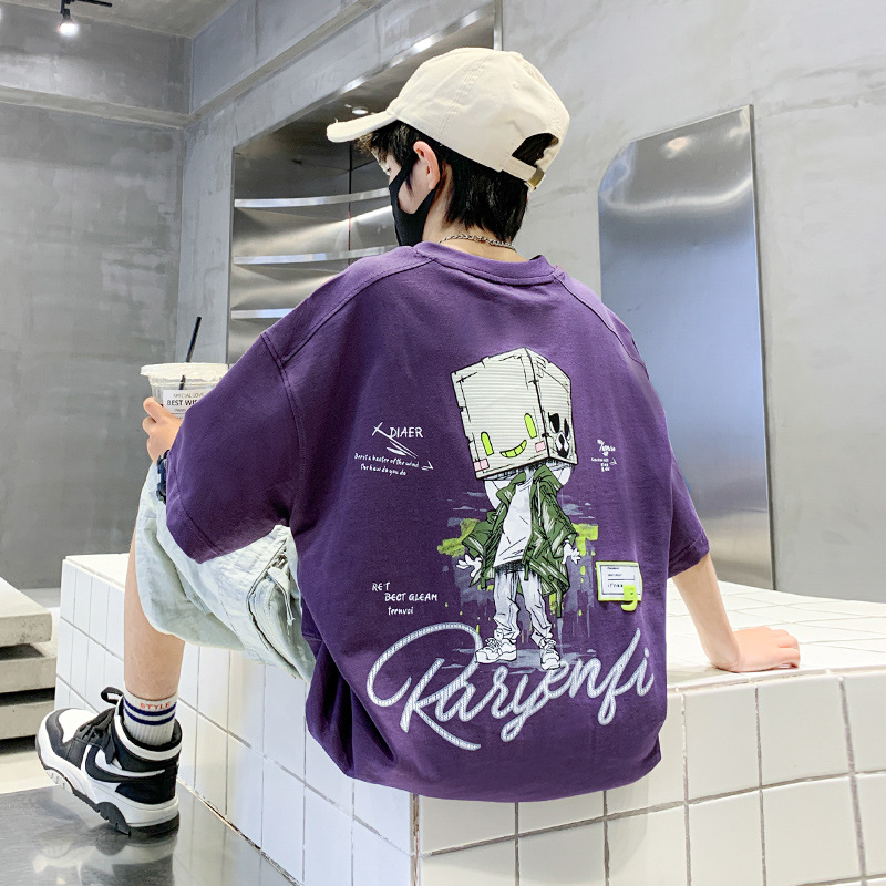男童卡通印花短袖t恤薄款新款中大童夏季韩系儿童上衣打底衫T，童装T恤，摩比熊