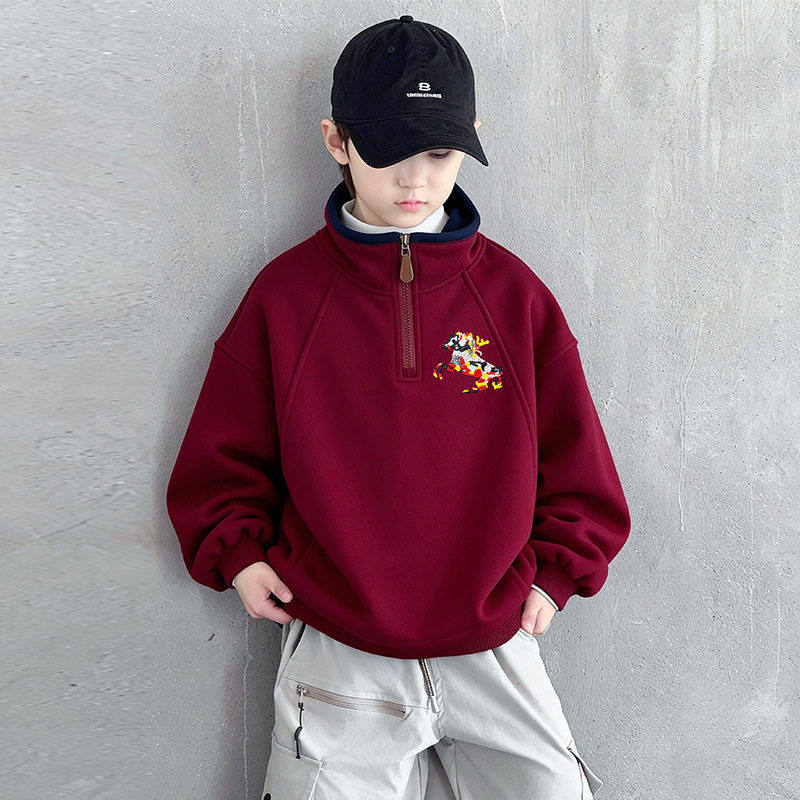 男童季卫衣加绒加厚新款中大童冬装一体绒儿童红色上衣，童装卫衣/绒衫，摩比熊