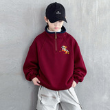 男童季卫衣加绒加厚新款中大童冬装一体绒儿童红色上衣，童装卫衣/绒衫，摩比熊