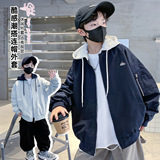 男童秋冬款夹棉连帽风衣外套大童冬季薄棉衣男孩上衣，童装外套，摩比熊