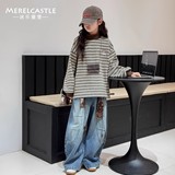 女童加绒加厚卫衣款新款女孩儿童女大童冬季保暖条纹上衣，童装卫衣/绒衫，摩比熊