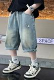 男童牛仔短裤夏季宽松儿童中裤新款中大童马裤男孩裤子夏装潮，童装裤子，摩比熊