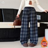 女童加绒格子裤年秋冬新款休闲直筒裤中大童加厚外出阔腿长裤，童装裤子，摩比熊