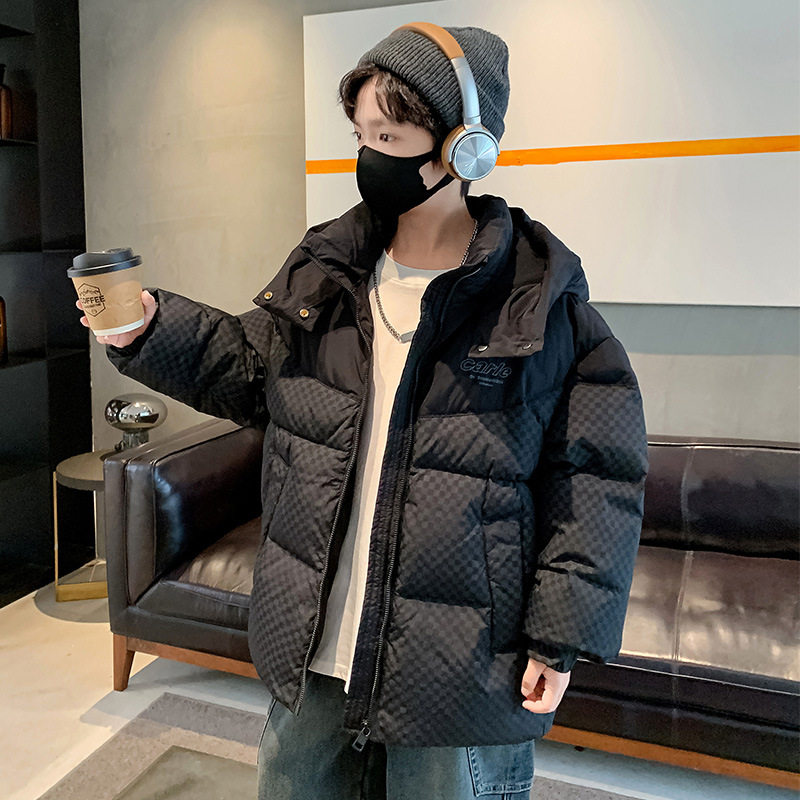 儿童装男童冬装格子深色连帽棉衣大童冬季加厚保暖棉服潮，童装棉衣，摩比熊