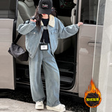 女童牛仔套装加绒加厚秋冬新款儿童冬装洋气大童秋冬两件套潮，童装休闲套装，摩比熊