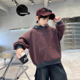 男童加绒卫衣新款冬装中大儿童加厚一体绒连帽条纹上衣潮，童装卫衣/绒衫，摩比熊