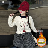 女童加绒打底衫秋冬新款撞色领口绣花内搭中大童休闲长袖上衣，童装T恤，摩比熊