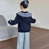 女童加绒卫衣套装秋冬新款中大童卡通刺绣套头衫阔腿裤两件套，童装休闲套装，摩比熊