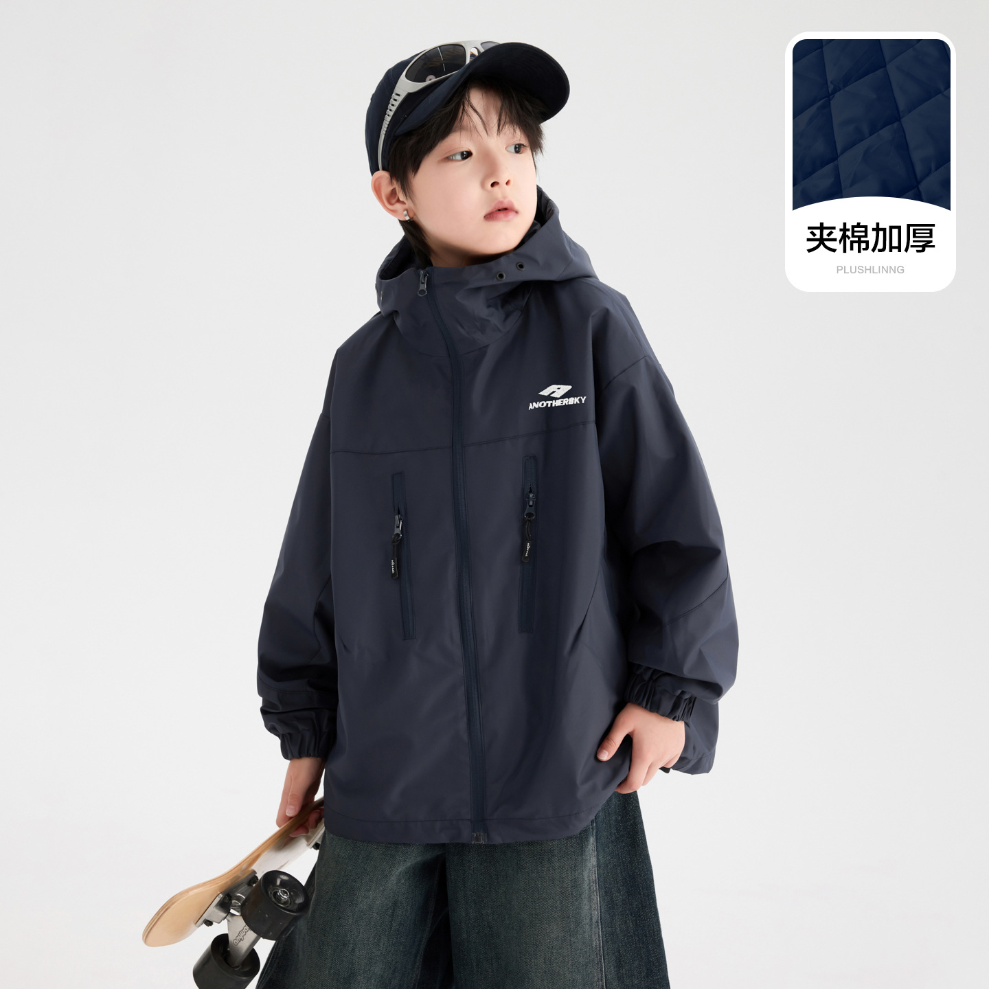 男大童冬装户外夹棉加厚棉服外套新款儿童装冬季防水连帽棉衣，童装棉衣，摩比熊