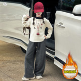 女童加绒打底衫秋冬新款撞色领口绣花内搭中大童休闲长袖上衣，童装T恤，摩比熊