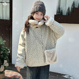 女童加厚呢大衣年冬季新款休闲毛毛拼接外套中大童碎花夹克衫，童装外套，摩比熊