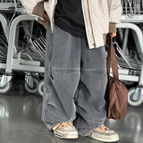 男童秋冬装一体绒牛仔裤新款中大童冬季宽松男孩阔腿直筒裤潮，童装裤子，摩比熊