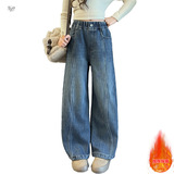 女童牛仔裤秋冬加绒新款波纹拼接阔腿裤中大童设计感冬装长裤，童装裤子，摩比熊