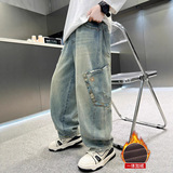 男童牛仔裤秋冬加绒工装裤子新款儿童休闲裤中大童秋冬季长裤，童装裤子，摩比熊