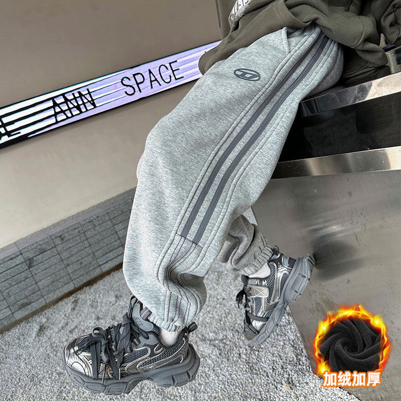 儿童装男童秋冬加绒收脚口运动大童冬装一体绒宽松裤子潮，童装裤子，摩比熊