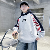 男童冬季装拼色卫衣加绒加厚儿童插肩袖上衣一体绒青少年红色年服，童装卫衣/绒衫，摩比熊