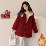 女童连帽红色毛呢外套秋冬新款过年服加绒加厚中长款洋气大衣，童装外套，摩比熊