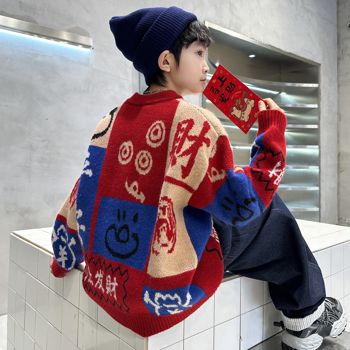 男童加厚红色毛衣冬季新款儿童中大童本命马年秋冬过新年衣服，童装毛衣，摩比熊