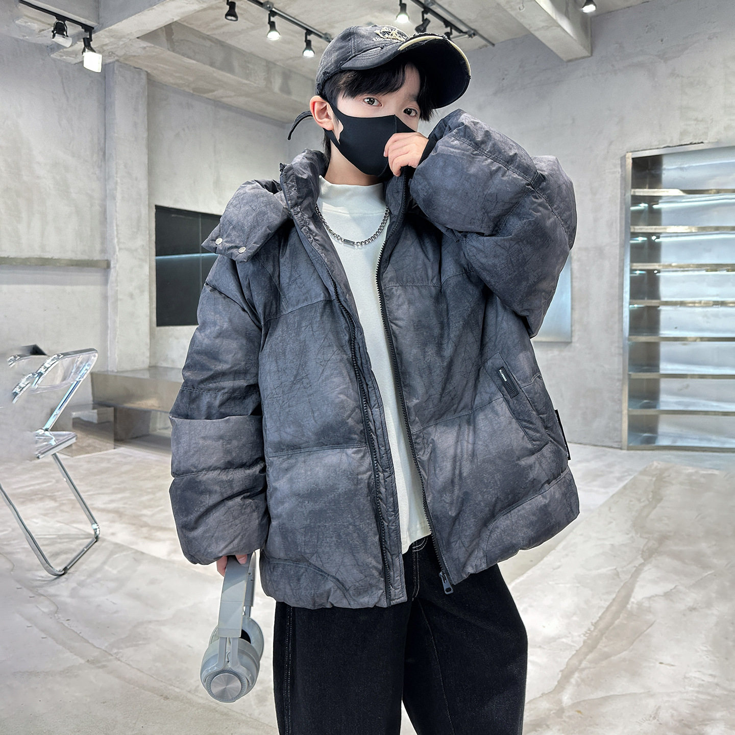 男童扎染连帽棉服新款儿童冬装加厚中大童男孩棉衣外套潮，童装棉衣，摩比熊