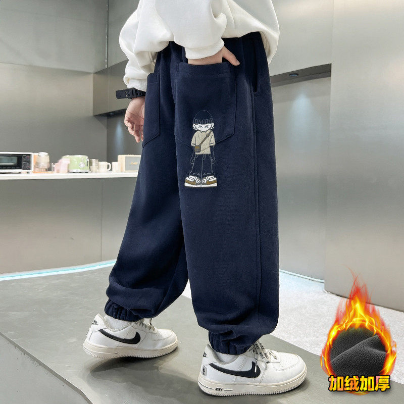 男童秋冬款加绒加厚新款一体绒大童冬装儿童运动束脚裤子，童装裤子，摩比熊