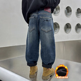 男童一体加绒加厚牛仔裤子秋冬款新款冬季大儿童冬装男孩休闲，童装裤子，摩比熊