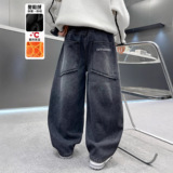 儿童装男童冬季一体加绒裤子新款中大童秋冬款加厚男孩牛仔裤，童装裤子，摩比熊