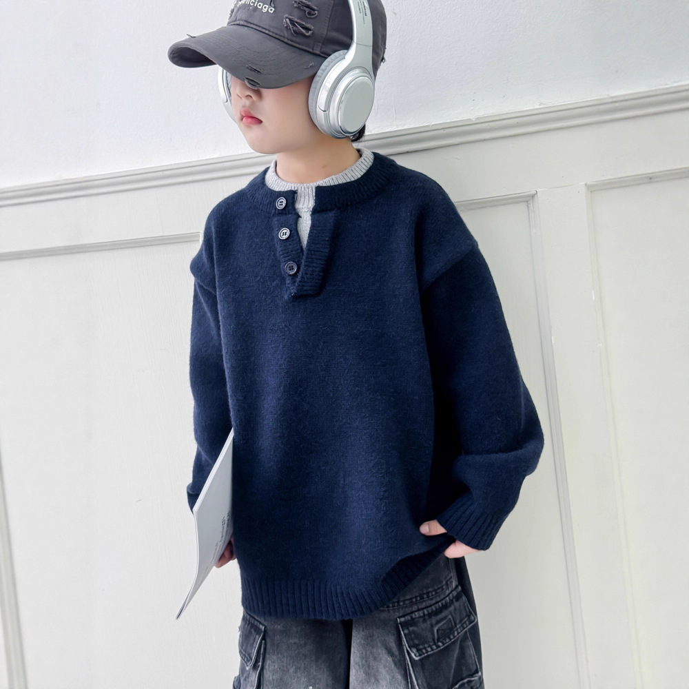 男童冬装假两件加厚毛衣新款冬季上衣中大童儿童男孩秋冬款潮，童装毛衣，摩比熊