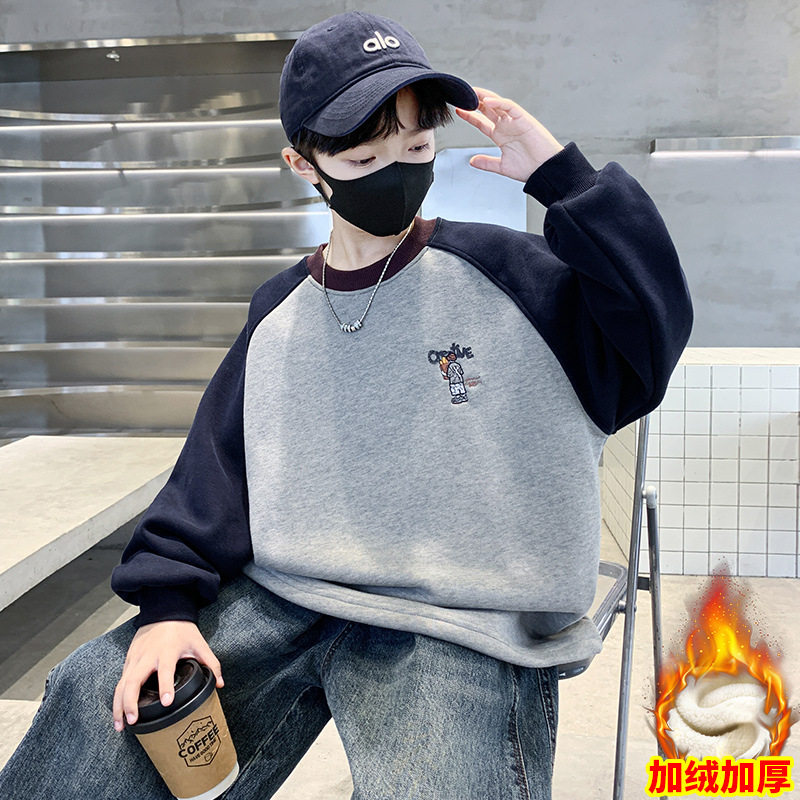 童装男童加绒圆领卡通卫衣大童新款冬装一体绒加厚上衣潮，童装卫衣/绒衫，摩比熊