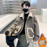 儿童装男童秋冬羊羔绒皮衣外套大童新款冬装帅气一体绒外套潮，童装外套，摩比熊